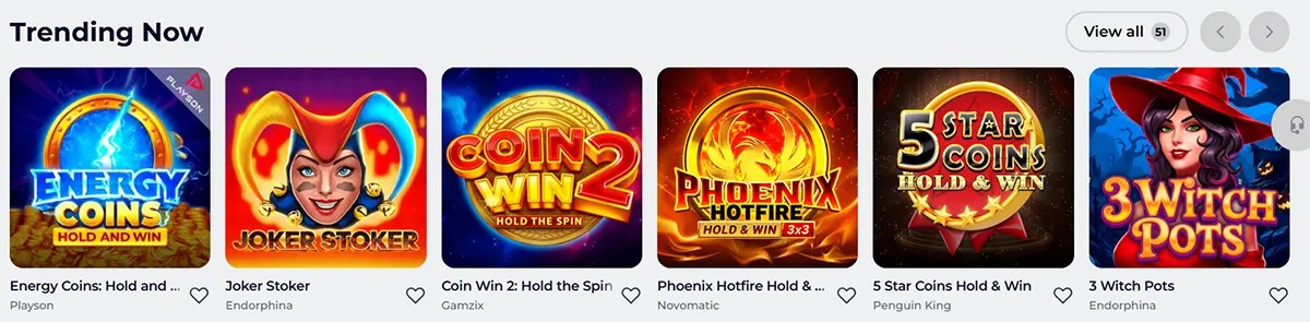 “Trending Now” game row showing slot tiles for Energy Coins: Hold and Win, Joker Stoker, Coin Win 2: Hold the Spin, Phoenix Hotfire Hold & Win, 5 Star Coins Hold & Win, and 3 Witch Pots.