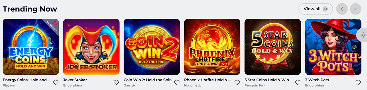 “Trending Now” game row showing slot tiles for Energy Coins: Hold and Win, Joker Stoker, Coin Win 2: Hold the Spin, Phoenix Hotfire Hold & Win, 5 Star Coins Hold & Win, and 3 Witch Pots.