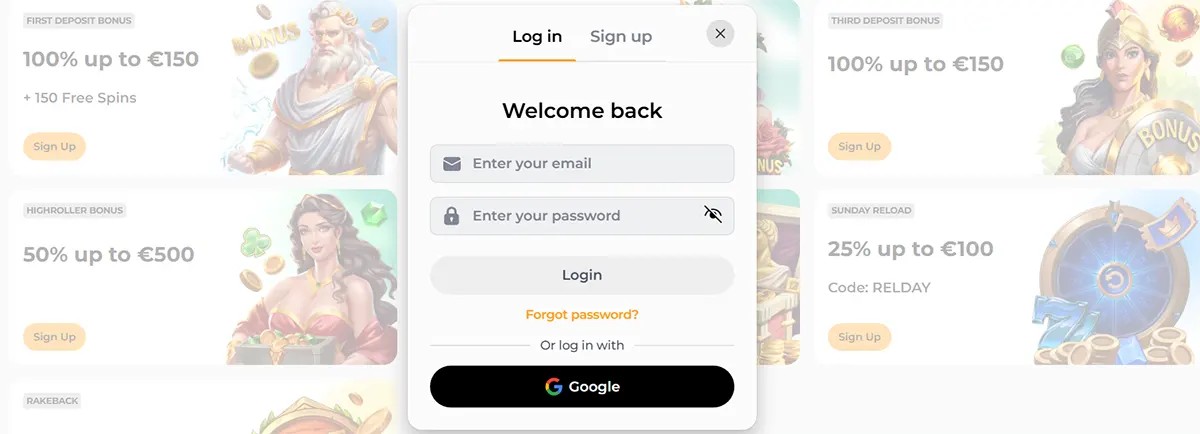 NomaSpin login pop-up saying “Welcome back,” with email and password fields, a Login button, “Forgot password?” link, and a Google sign-in option over the blurred bonuses page.
