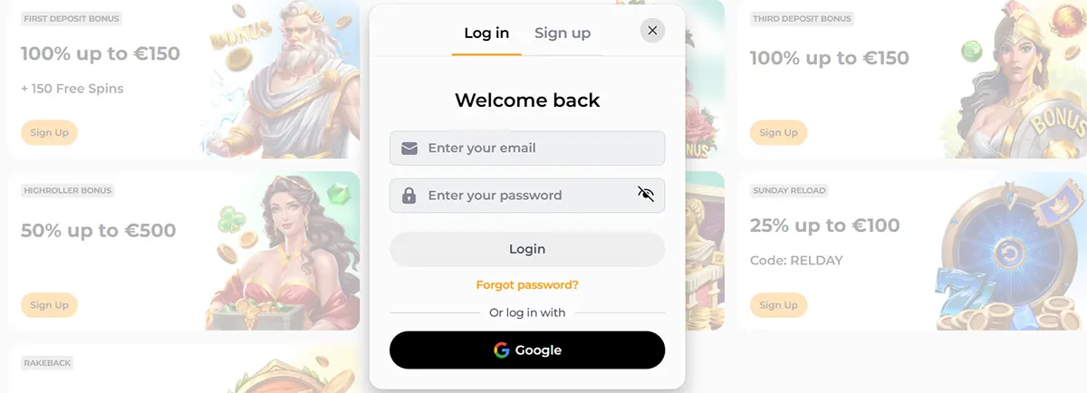NomaSpin login pop-up saying “Welcome back,” with email and password fields, a Login button, “Forgot password?” link, and a Google sign-in option over the blurred bonuses page.